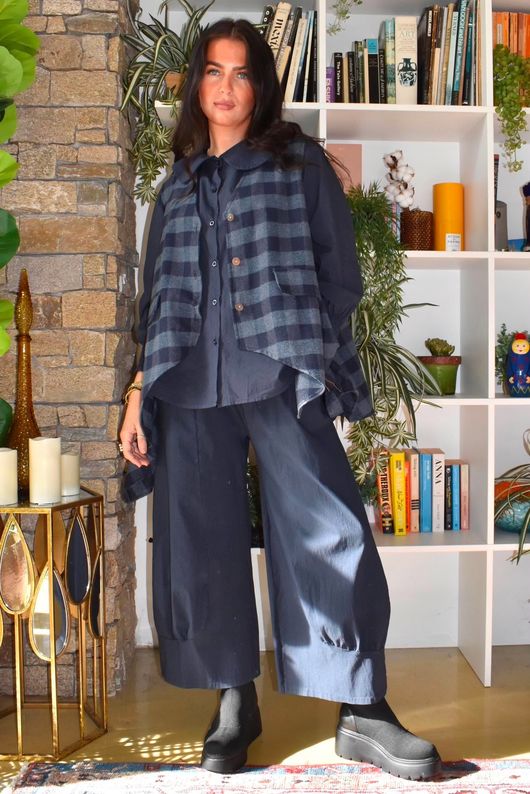Nora Brushed Cotton Gingham Trapeze Waistcoat Navy